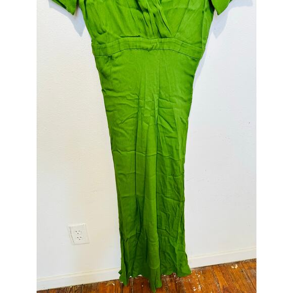 REFORMATION Green Satin Blend Short Sleeve V-Neck Danika A-Line Dress Size M - Picture 9 of 14